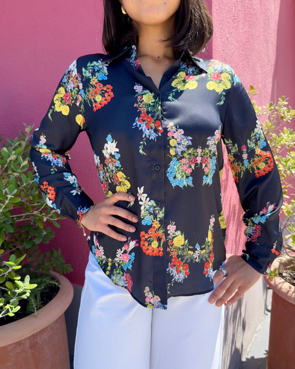 Vilagallo Tea Tropical Bamboo Print Blouse with Shirt Collar Cream/Multi