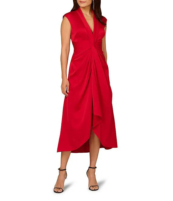 Aidan Mattox Satin Midi Dress in Red