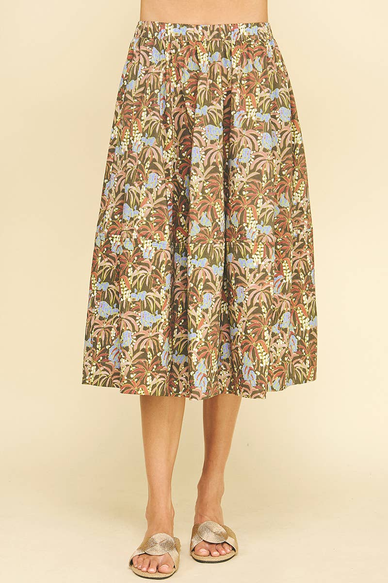 PRINT PLEATED MIDI SKIRT - 6575SA: DEEP OLIVE / L