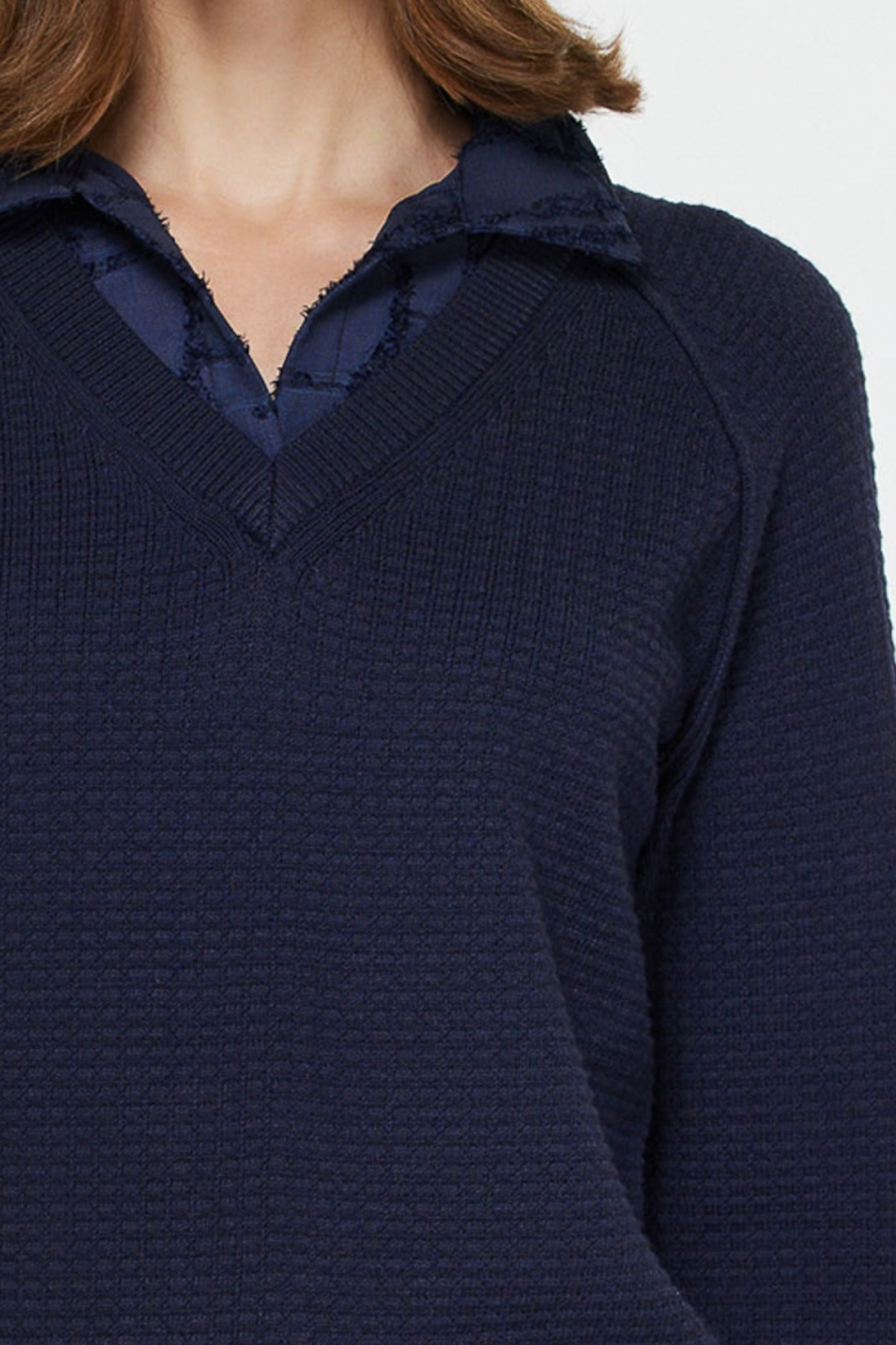 CA Collard V-Neck Woven Combo Sweater Woven Cuff Detail