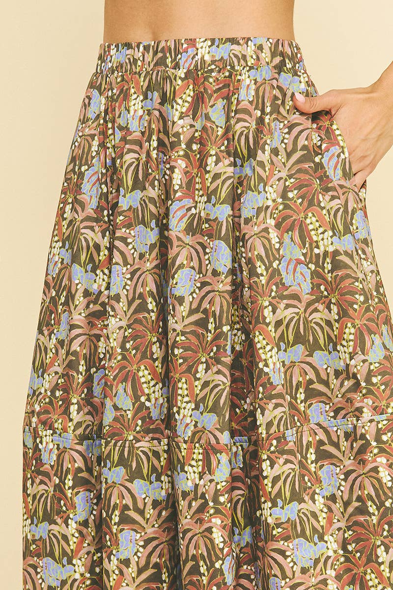 PRINT PLEATED MIDI SKIRT - 6575SA: DEEP OLIVE / L