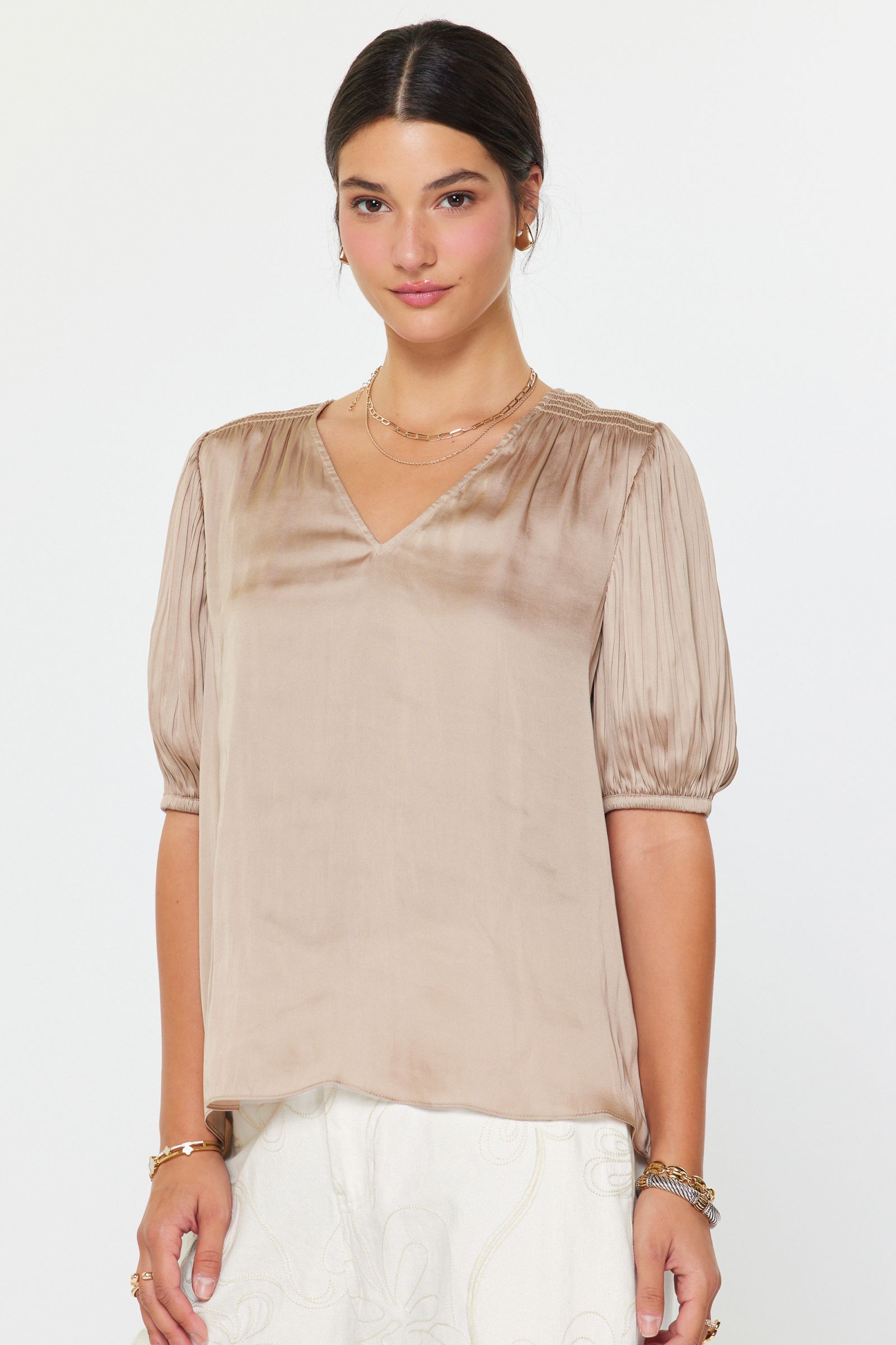 CA V-Neck Smocked Top-Taupe