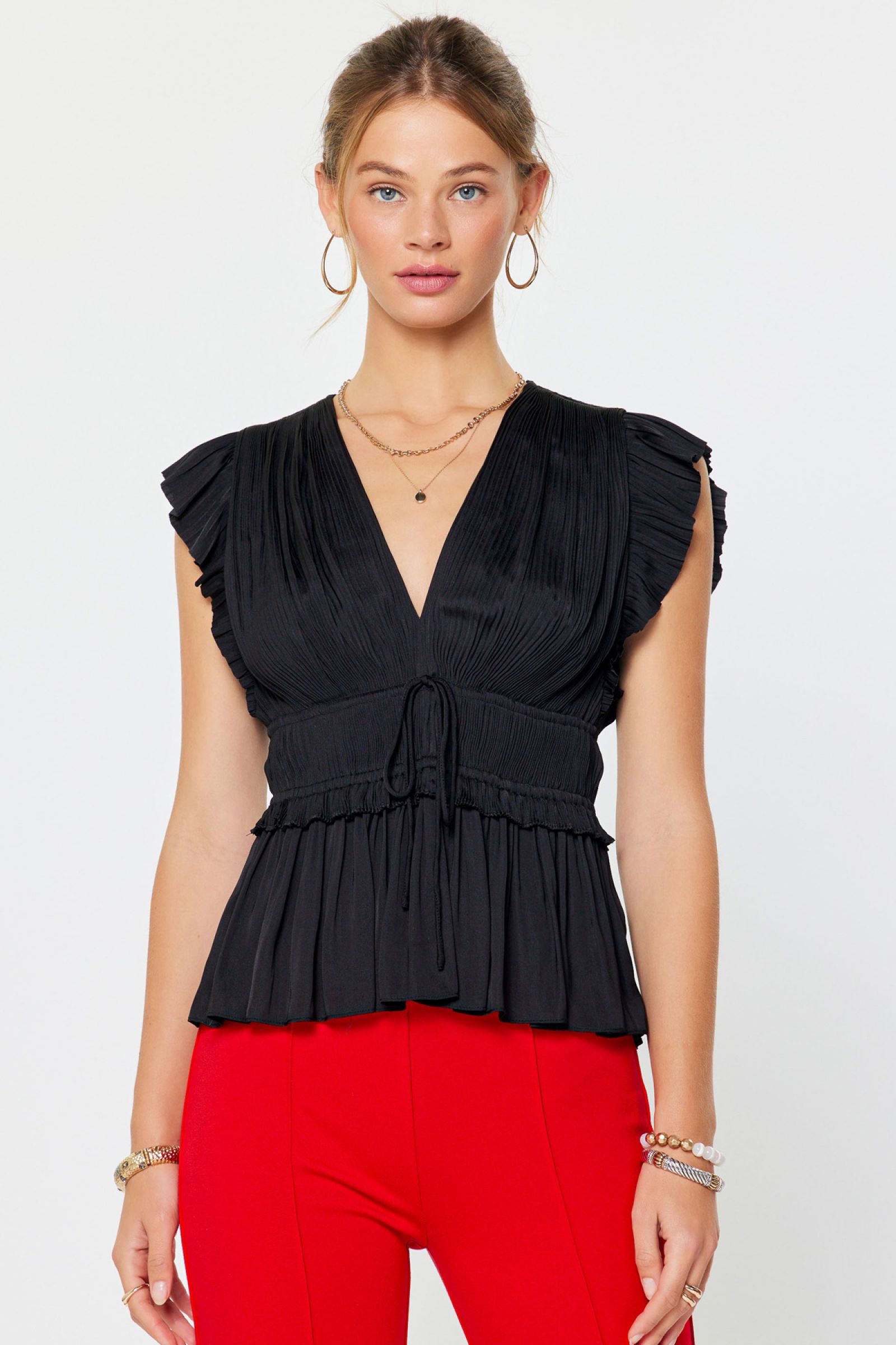 CA Pleated V-Neck Blouse in Black