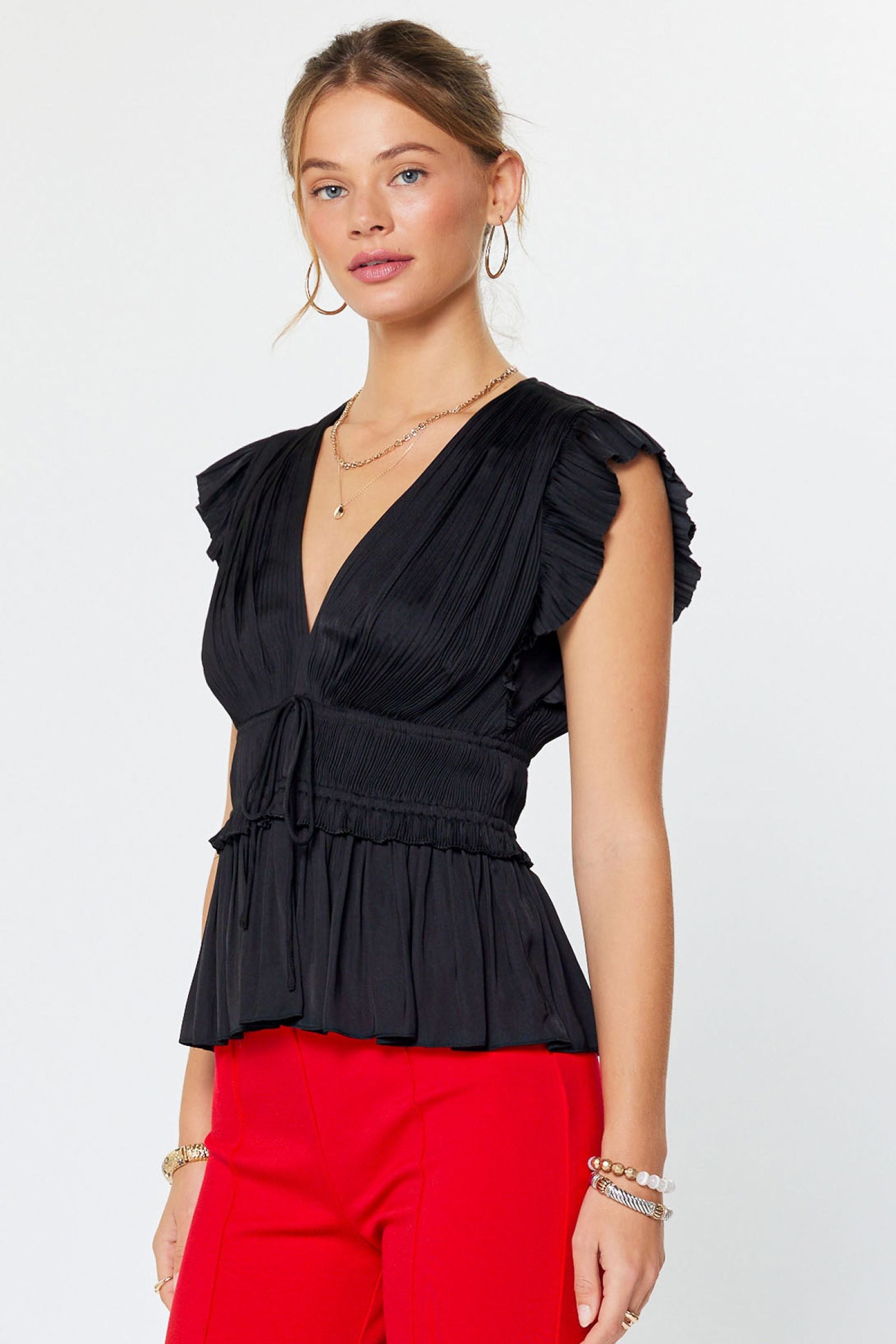 CA Pleated V-Neck Blouse in Black