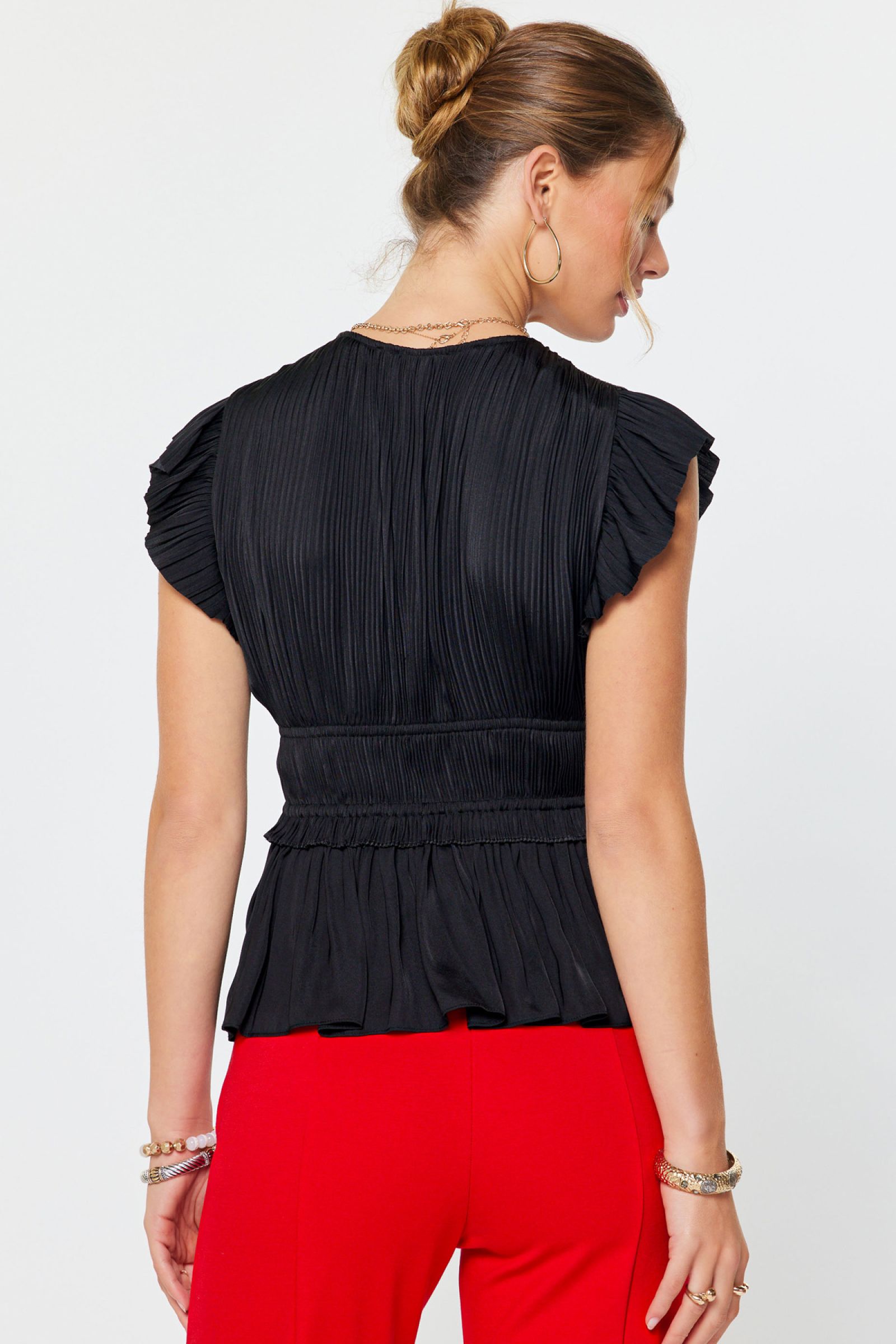 CA Pleated V-Neck Blouse in Black