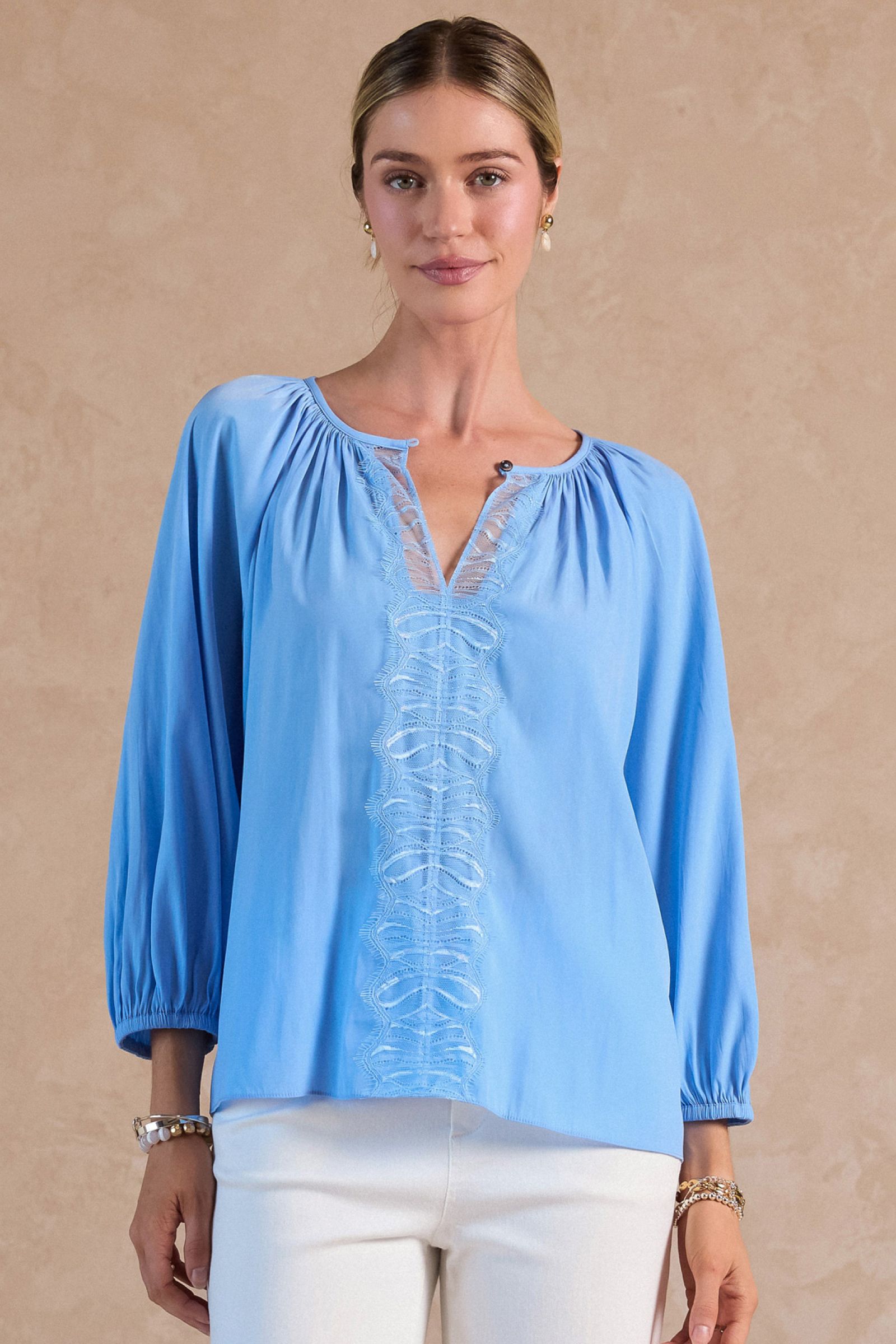 CA Light Blue 3 Quarter Sleeve Round Neck with Lace Blouse