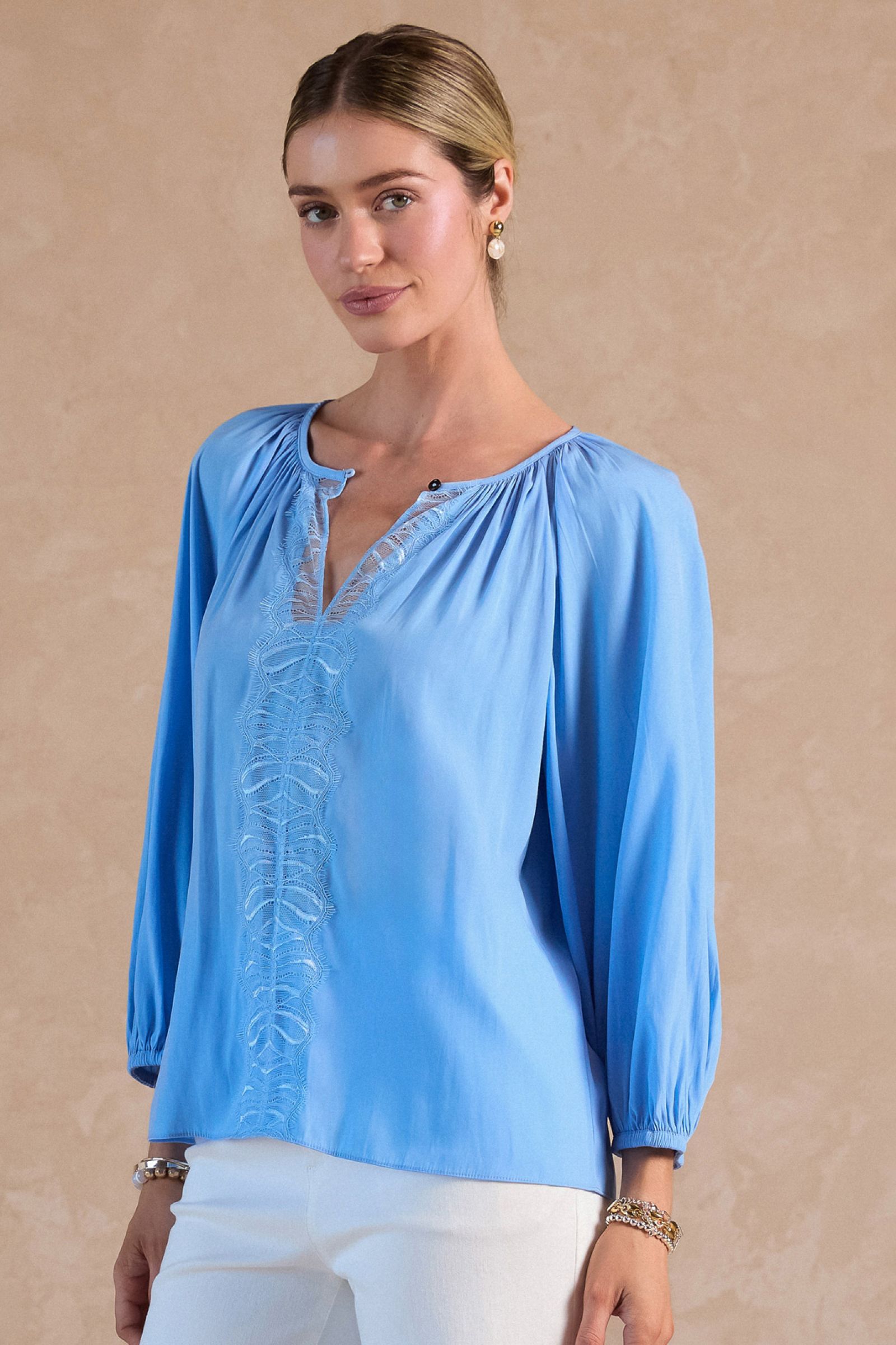 CA Light Blue 3 Quarter Sleeve Round Neck with Lace Blouse