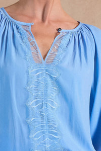 CA Light Blue 3 Quarter Sleeve Round Neck with Lace Blouse