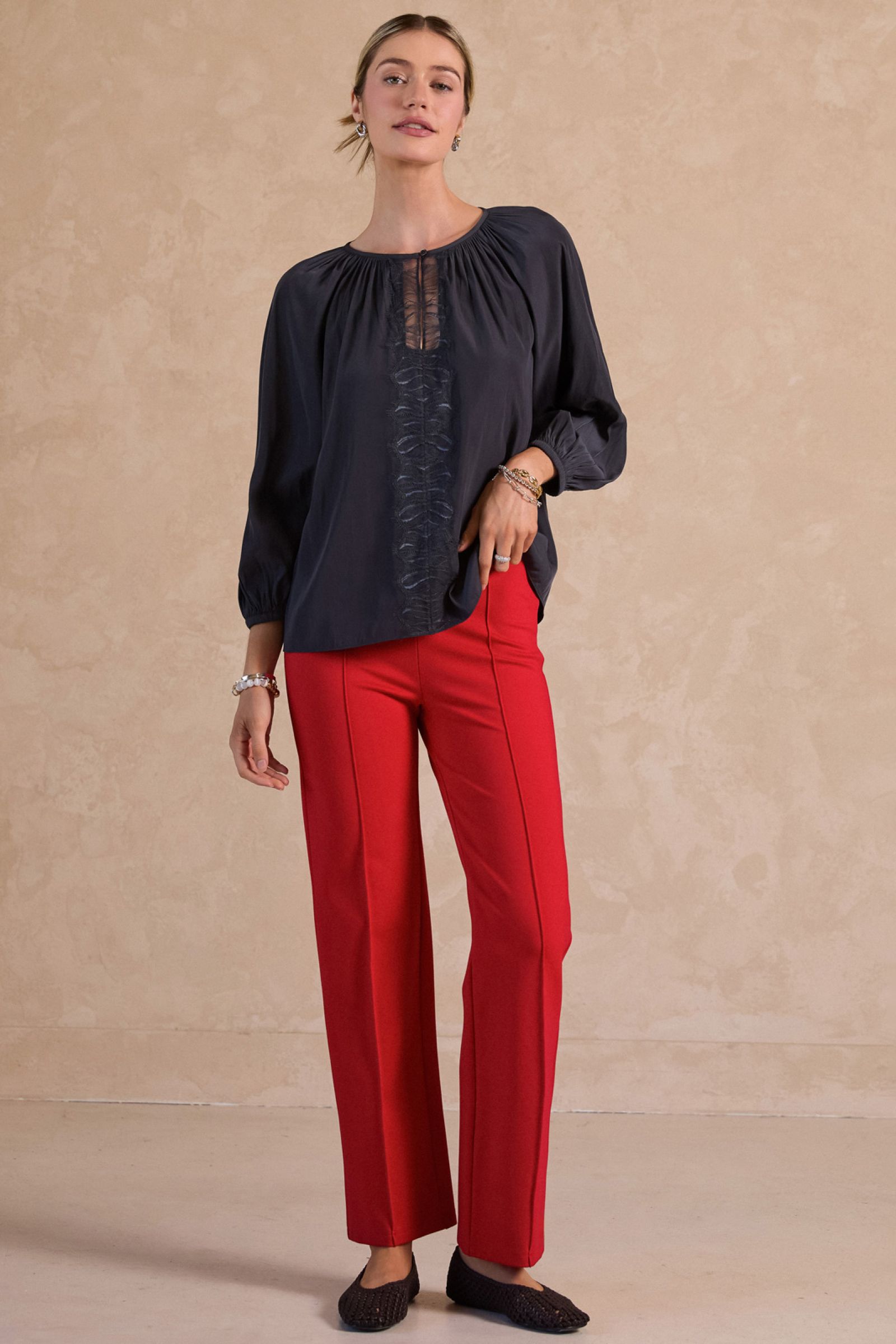 CA Charcoal 3 Quarter Sleeve Round Neck with Lace Blouse