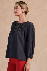 CA Charcoal 3 Quarter Sleeve Round Neck with Lace Blouse