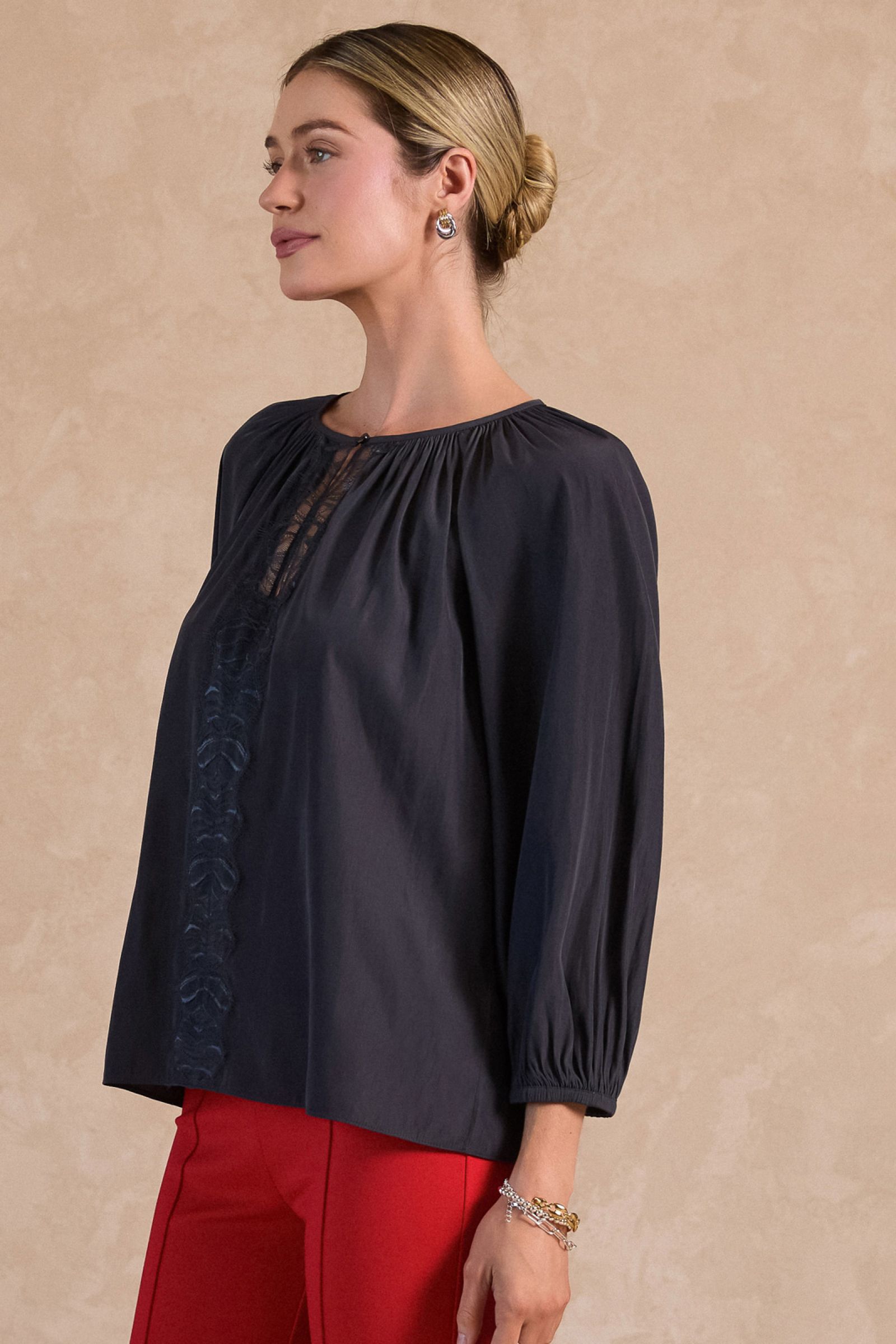 CA Charcoal 3 Quarter Sleeve Round Neck with Lace Blouse
