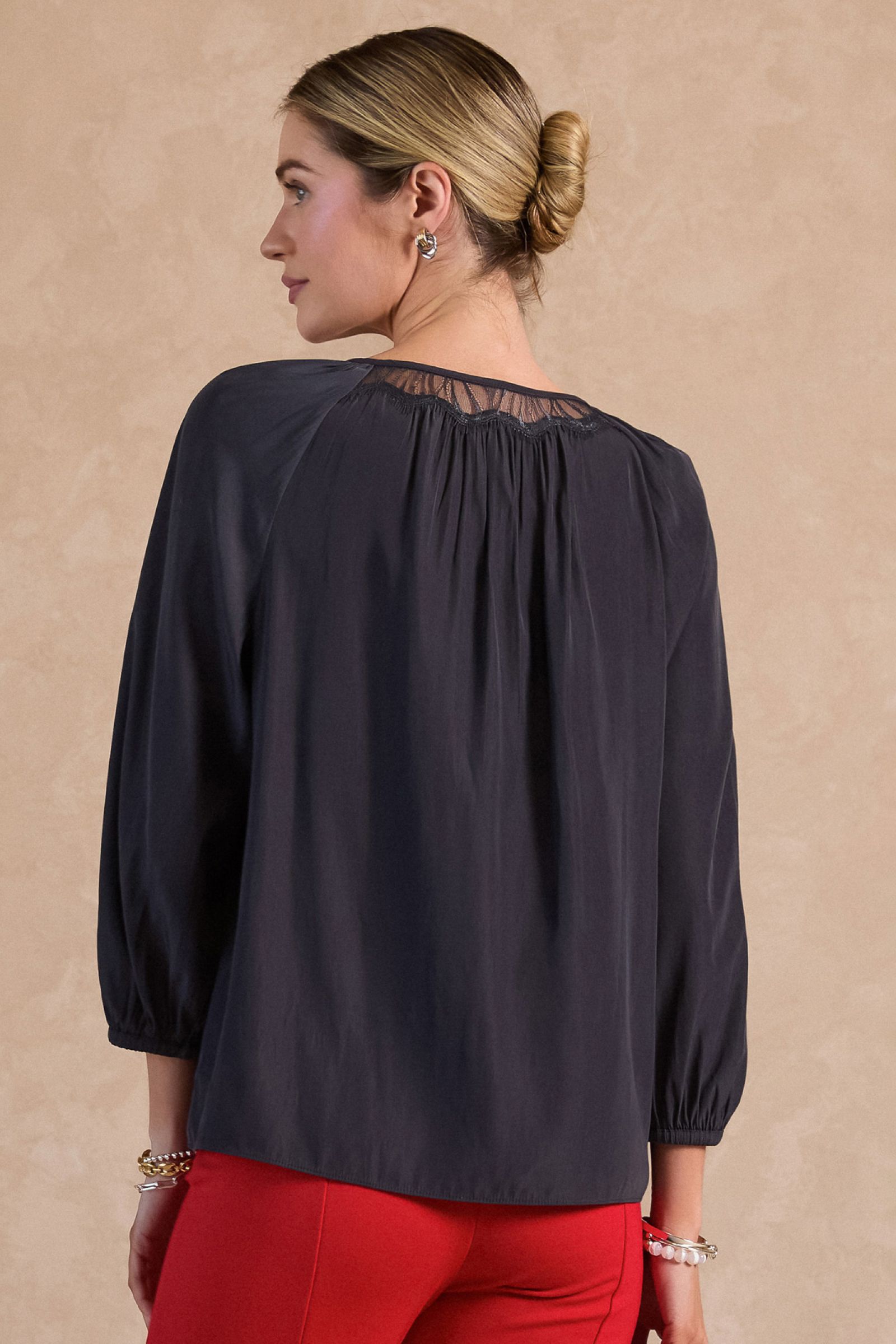 CA Charcoal 3 Quarter Sleeve Round Neck with Lace Blouse