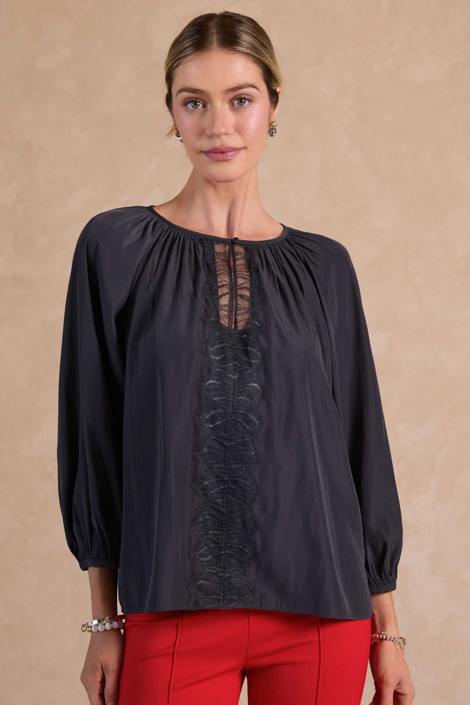 CA Charcoal 3 Quarter Sleeve Round Neck with Lace Blouse