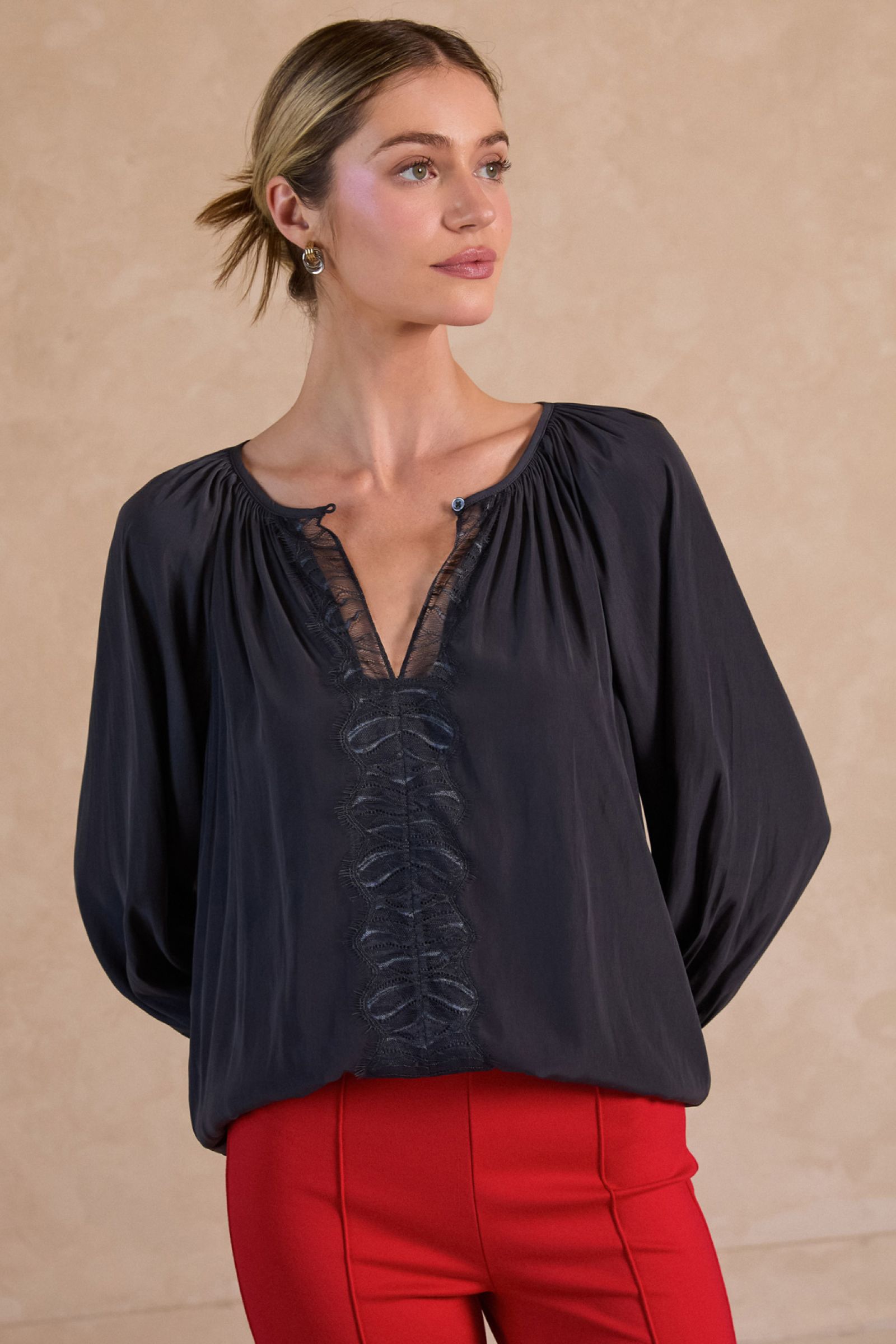 CA Charcoal 3 Quarter Sleeve Round Neck with Lace Blouse