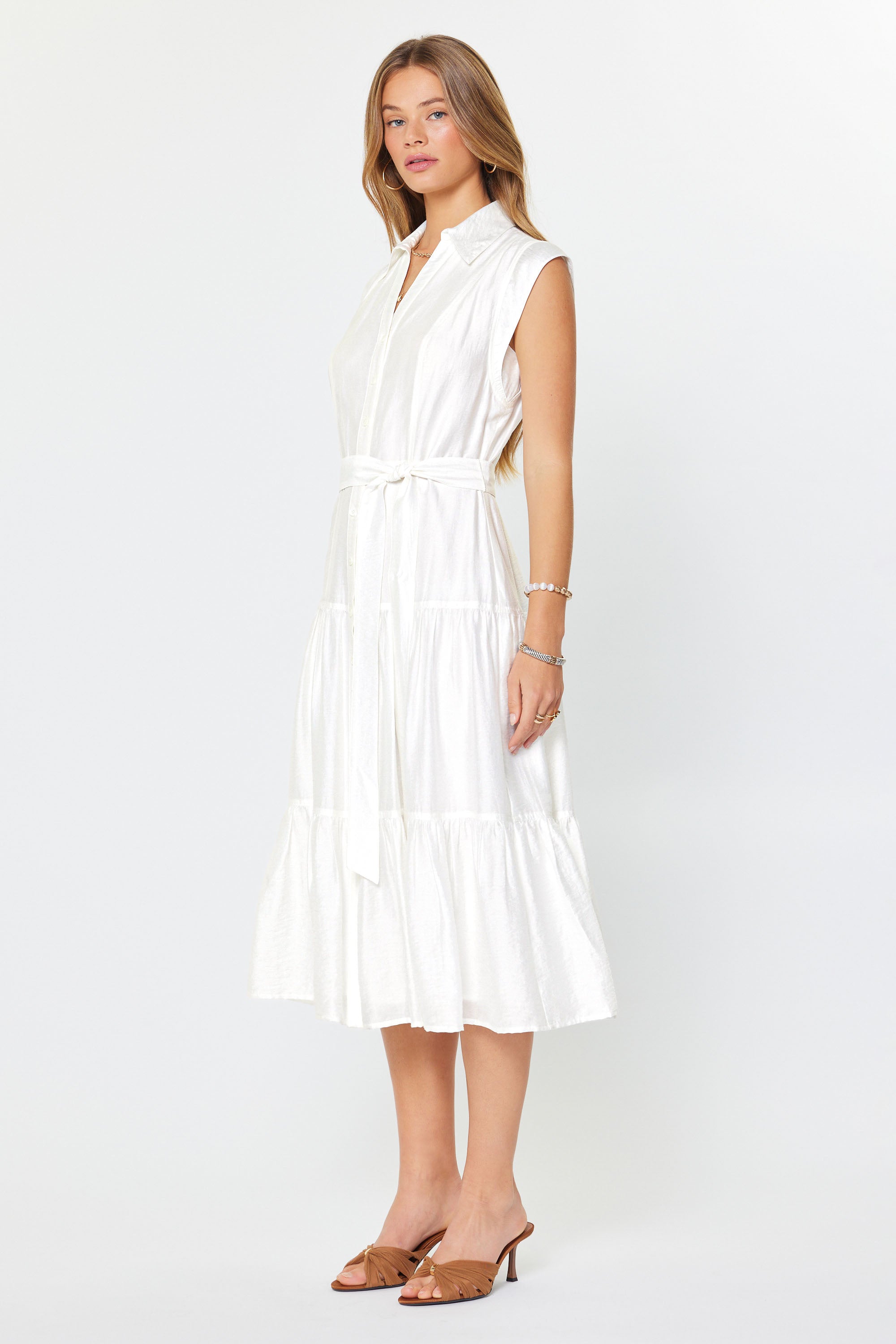 CA Collar Cap Sleeve Midi Dress in White