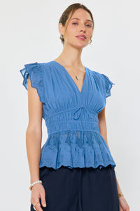CA Pleated Flutter Blouse in Faded Blue