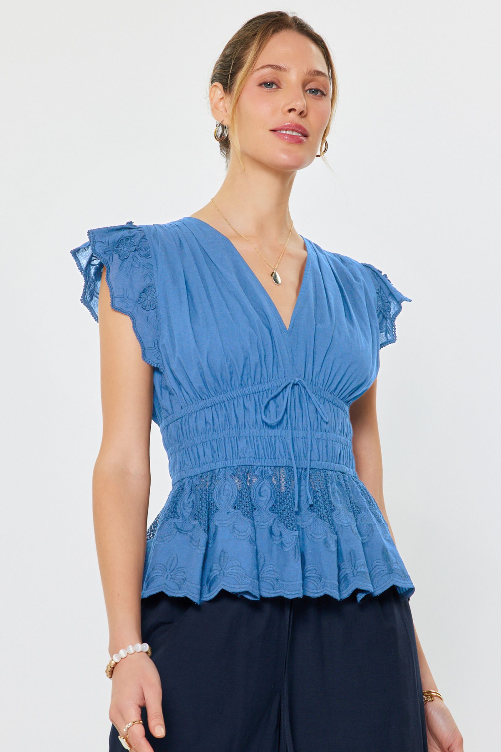 CA Pleated Flutter Blouse in Faded Blue
