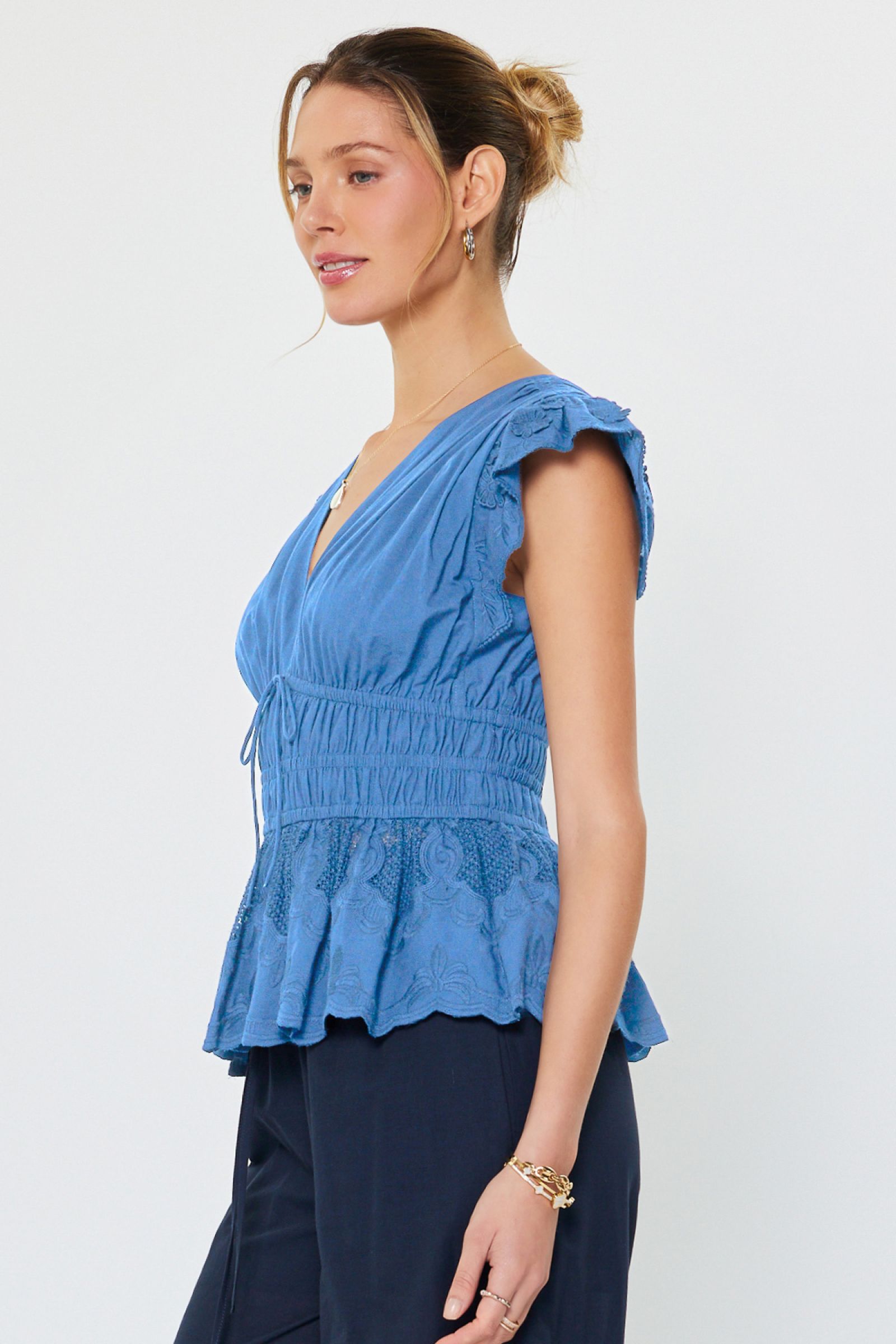 CA Pleated Flutter Blouse in Faded Blue