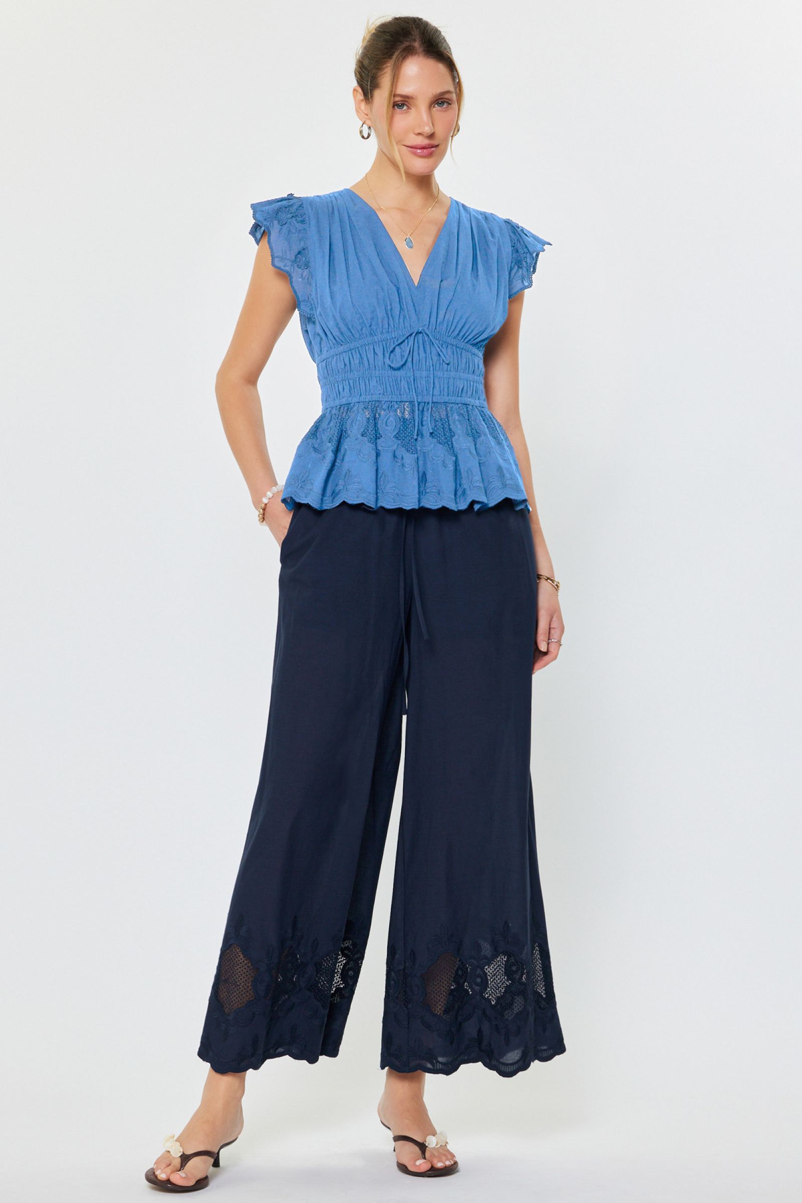 CA Pleated Flutter Blouse in Faded Blue