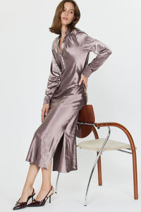 CA Satin Long Sleeve Midi Dress in Mauve