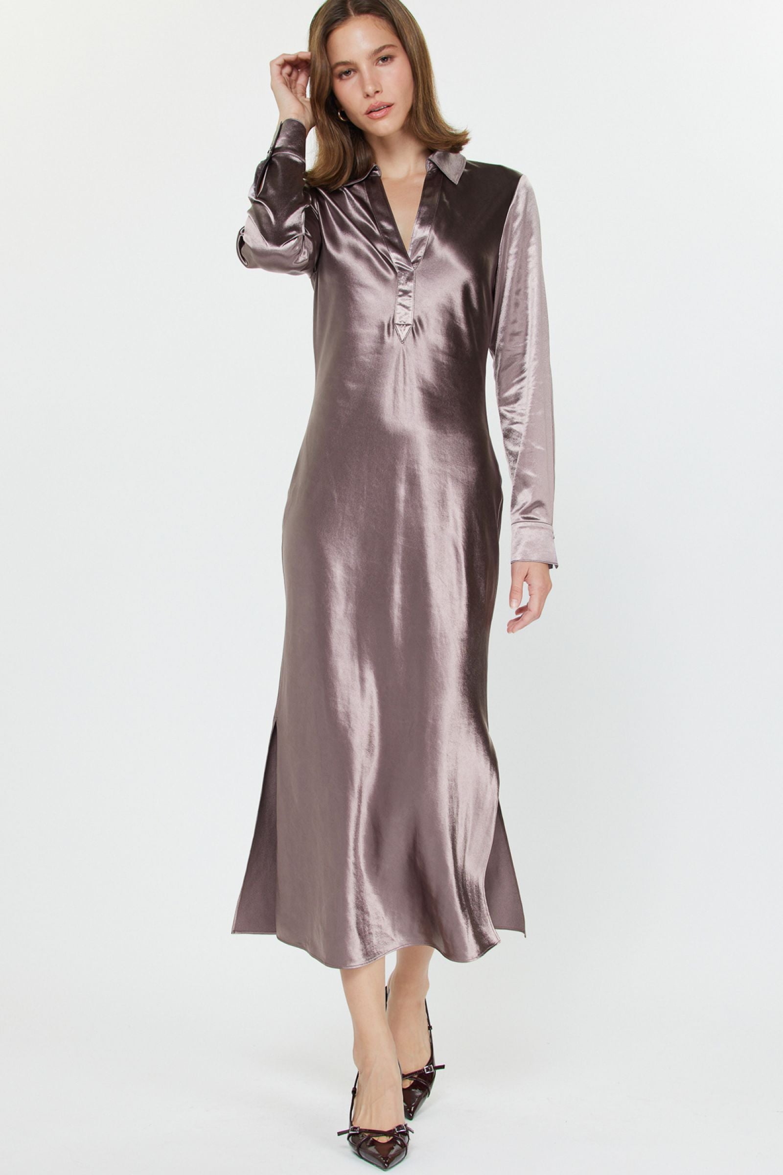 CA Satin Long Sleeve Midi Dress in Mauve