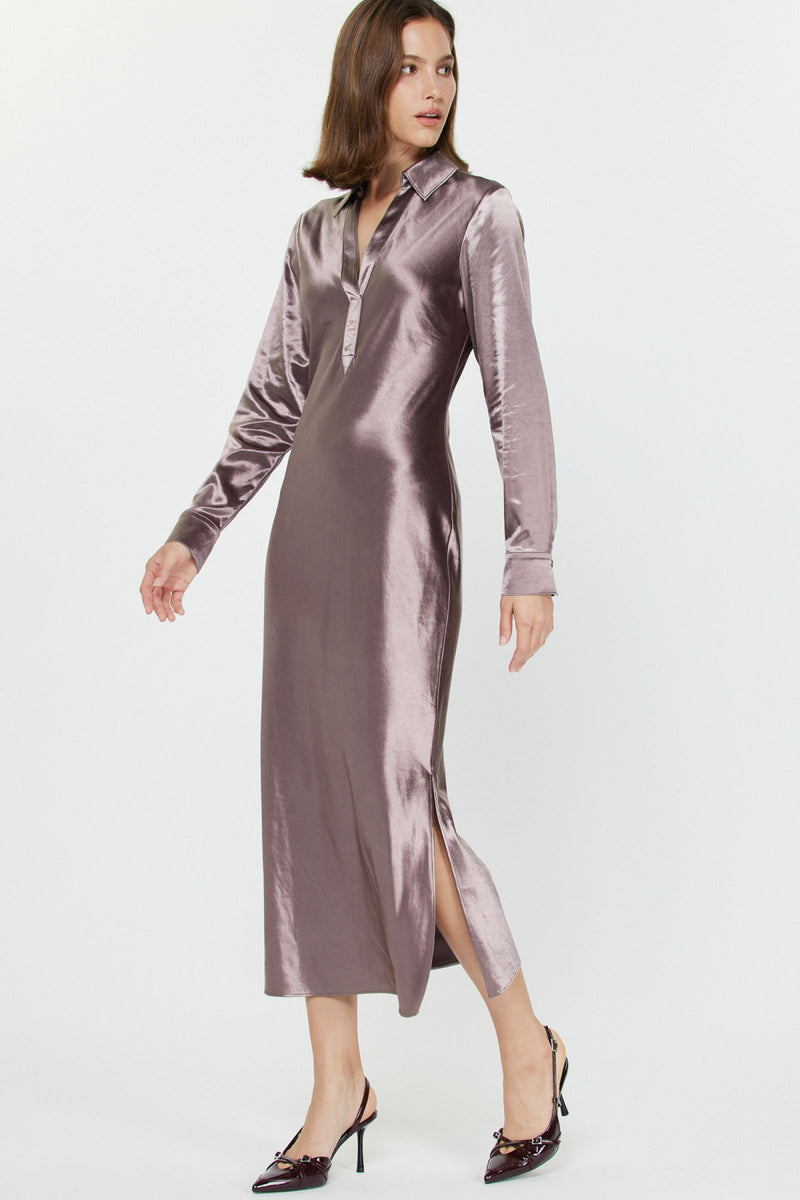 CA Satin Long Sleeve Midi Dress in Mauve