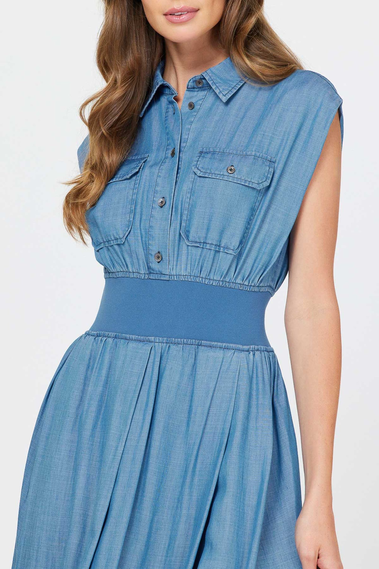 CA Chambray Smocked Waist Dress