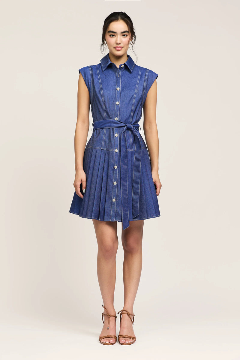 CA Pleated Mini Dress in Denim Blue