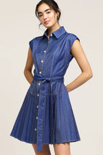 CA Pleated Mini Dress in Denim Blue