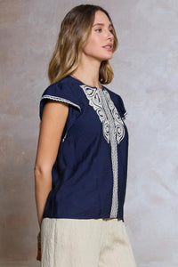 CA Embroidered Round Neck Flutter Sleeve Back Key-Hole Closure Blouse