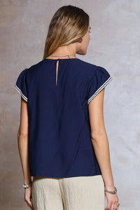 CA Embroidered Round Neck Flutter Sleeve Back Key-Hole Closure Blouse