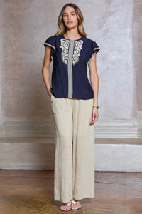 CA Embroidered Round Neck Flutter Sleeve Back Key-Hole Closure Blouse