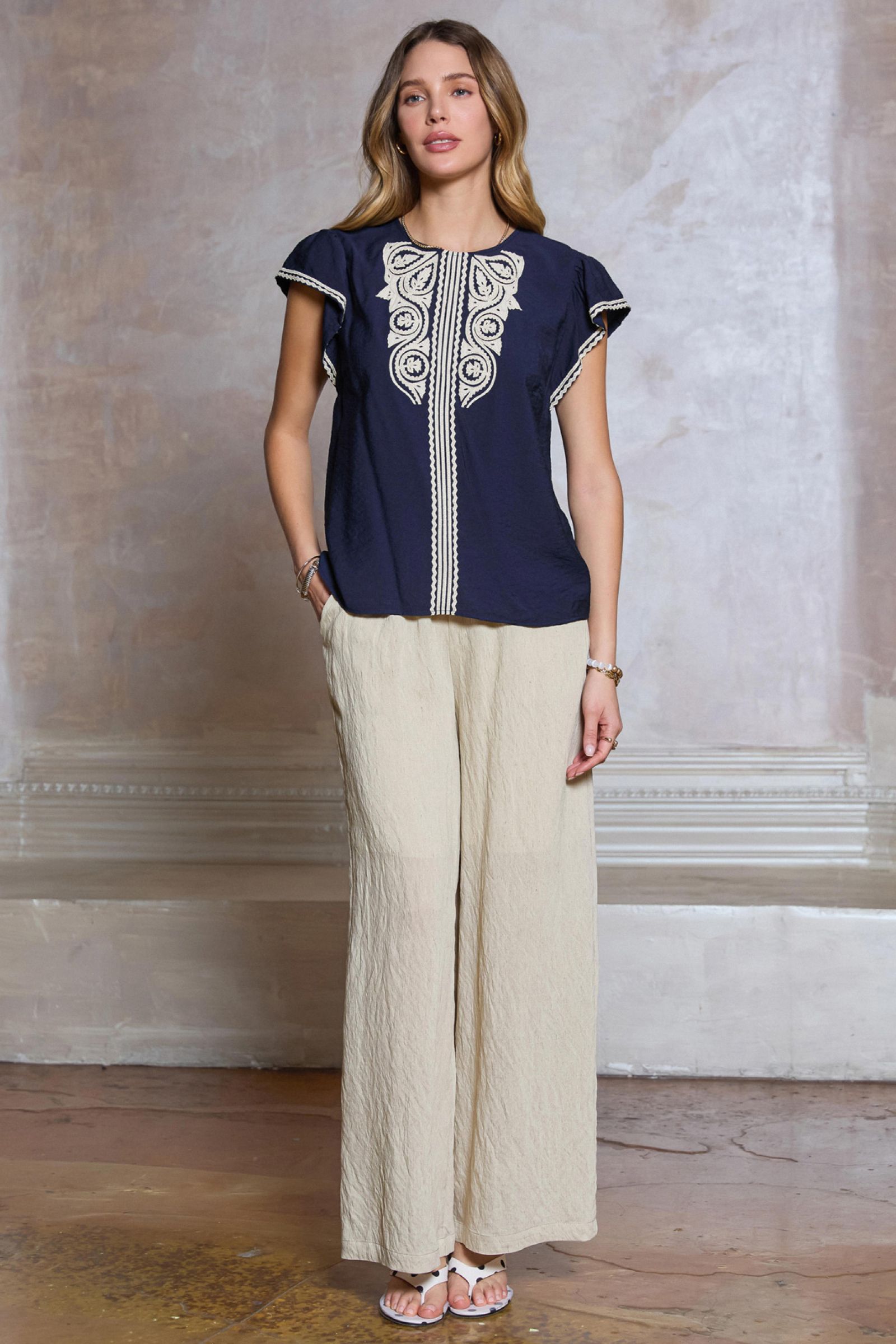 CA Embroidered Round Neck Flutter Sleeve Back Key-Hole Closure Blouse