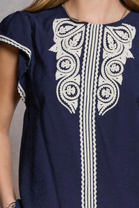 CA Embroidered Round Neck Flutter Sleeve Back Key-Hole Closure Blouse