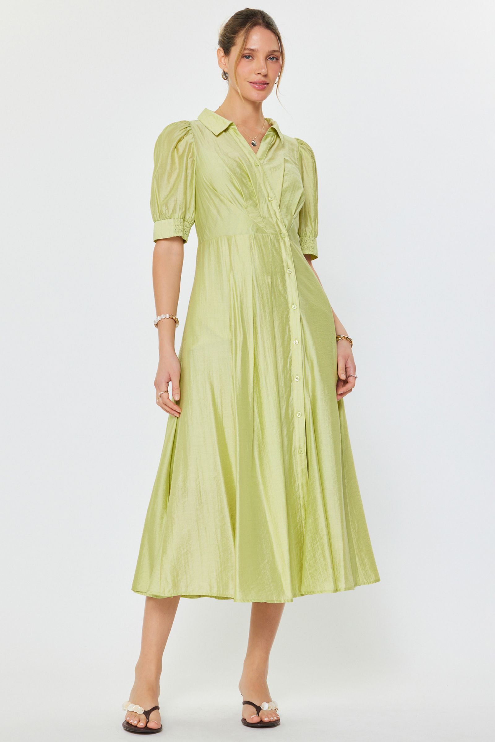CA Sleeved Midi Dress in Lime