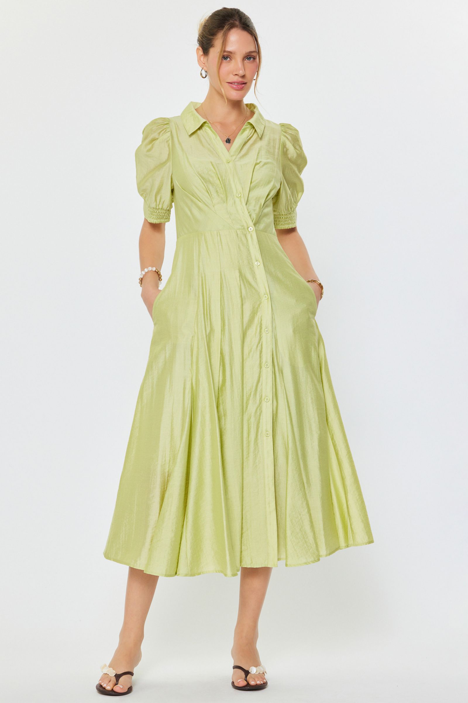 CA Sleeved Midi Dress in Lime