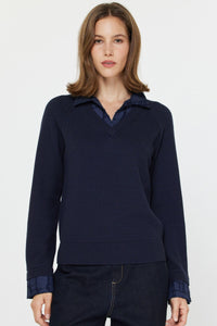 CA Collard V-Neck Woven Combo Sweater Woven Cuff Detail