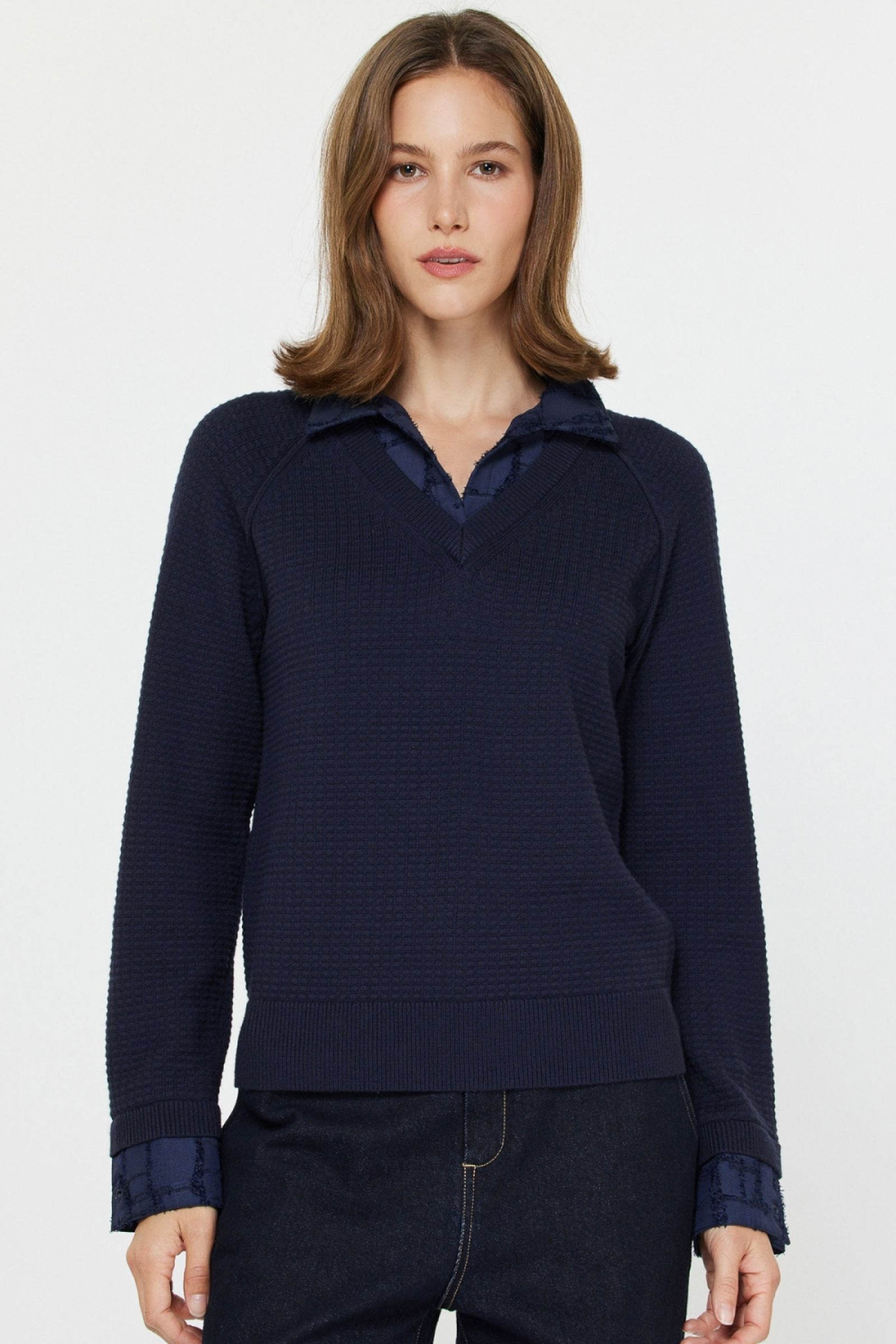 CA Collard V-Neck Woven Combo Sweater Woven Cuff Detail