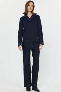 CA Collard V-Neck Woven Combo Sweater Woven Cuff Detail