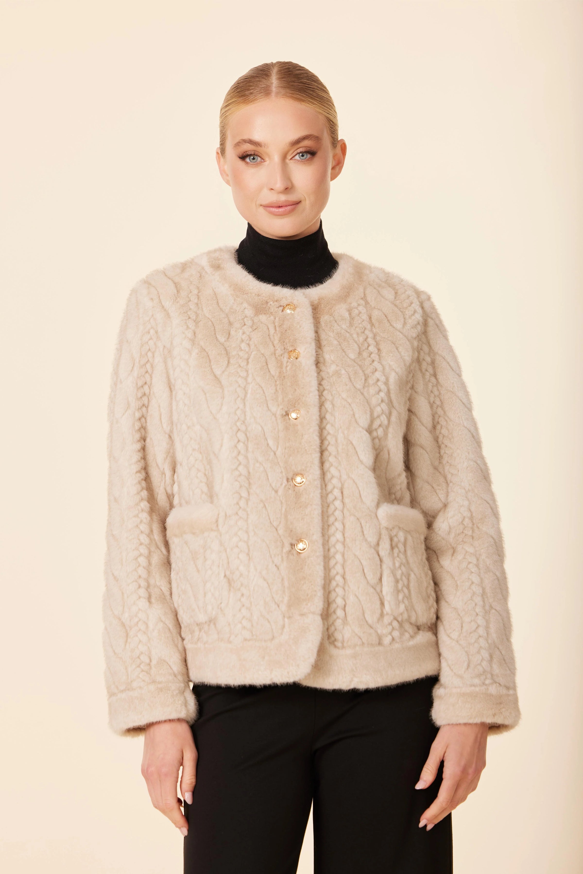 DOLCE CABO Cable Knit Faux Fur Coat