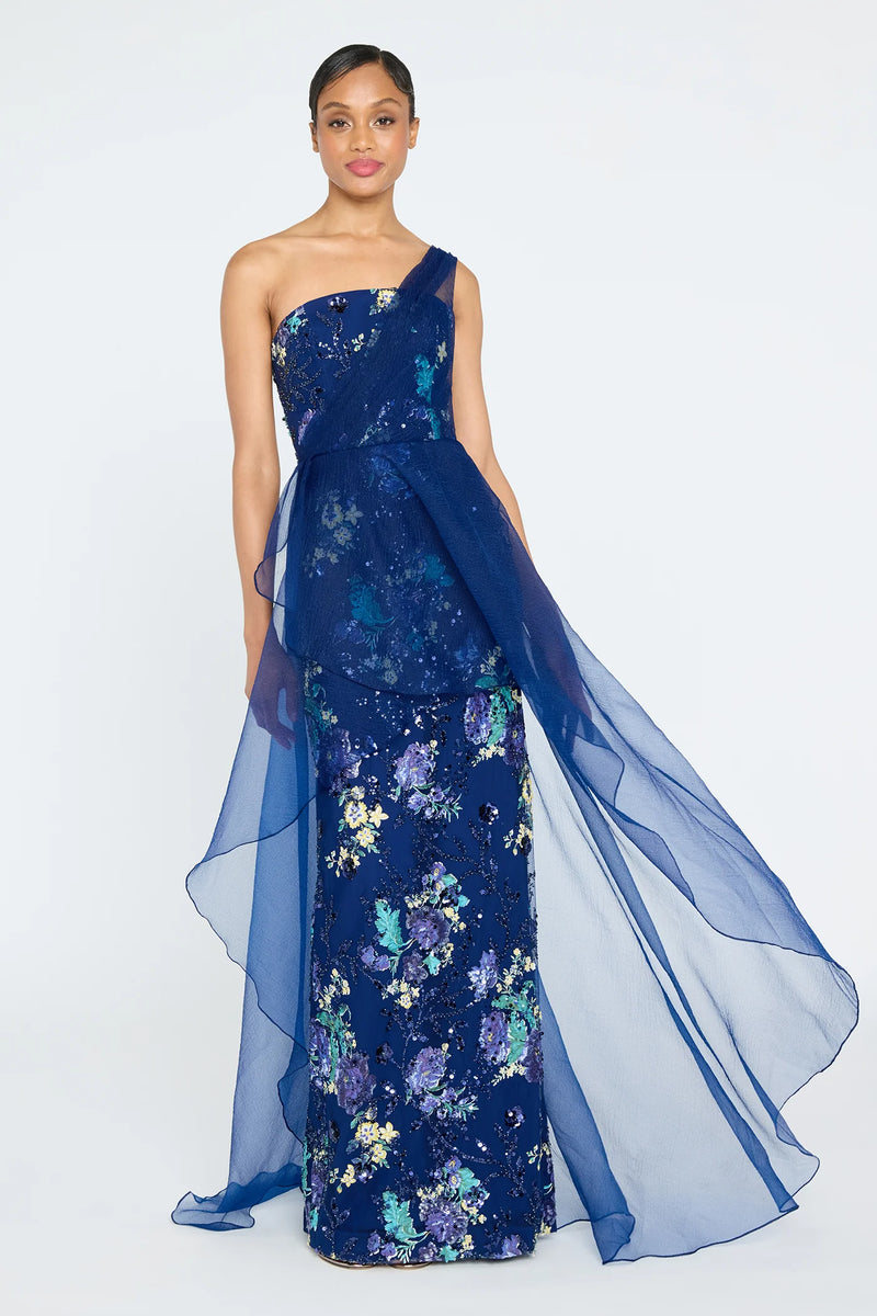 THIEA Noemi Column Overlay Gown in Navy THEIA COUTURE