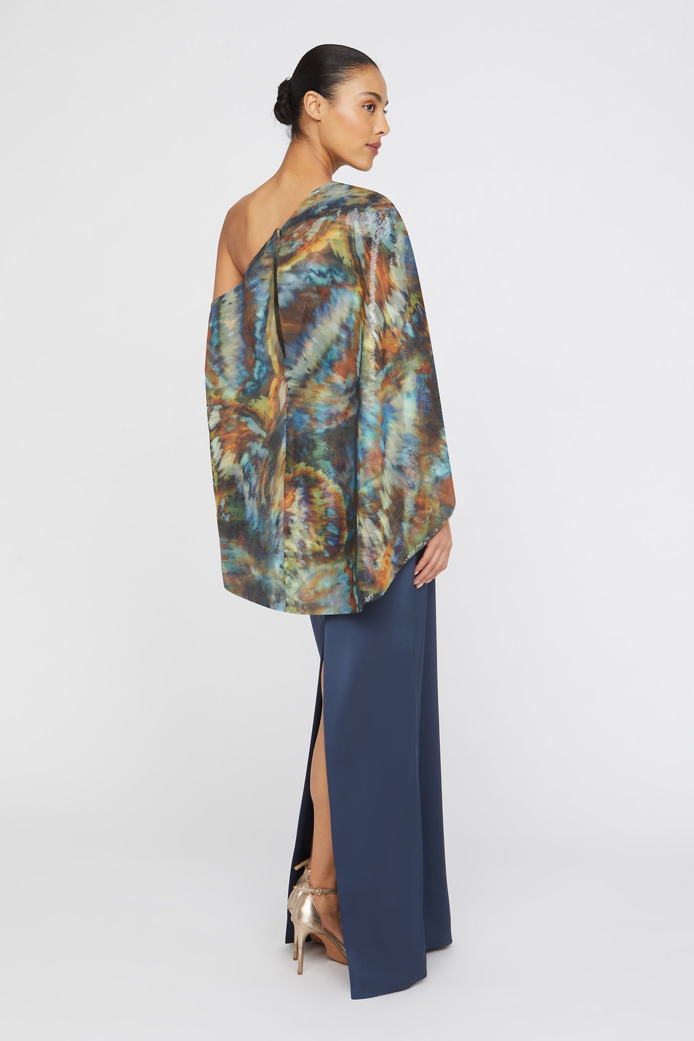THEIA Gisette One Shoulder Cape Gown