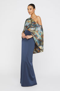 THEIA Gisette One Shoulder Cape Gown