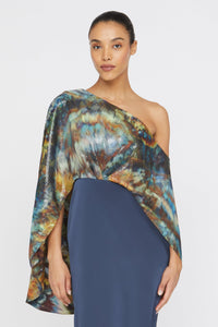 THEIA Gisette One Shoulder Cape Gown