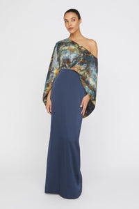 THEIA Gisette One Shoulder Cape Gown