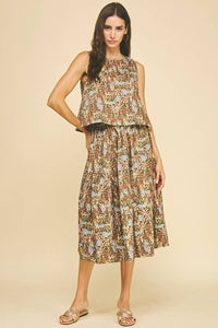 PRINT PLEATED MIDI SKIRT - 6575SA: DEEP OLIVE / L