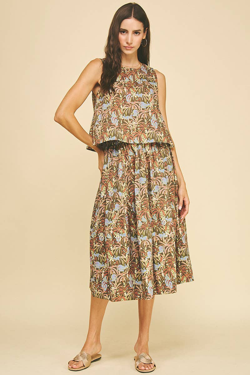 PRINT PLEATED MIDI SKIRT - 6575SA: DEEP OLIVE / L