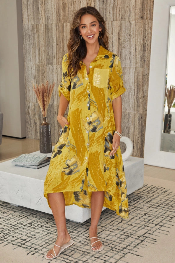 MILIO MILANO Linen Watercolor Dress in Yellow MILIO MILANO