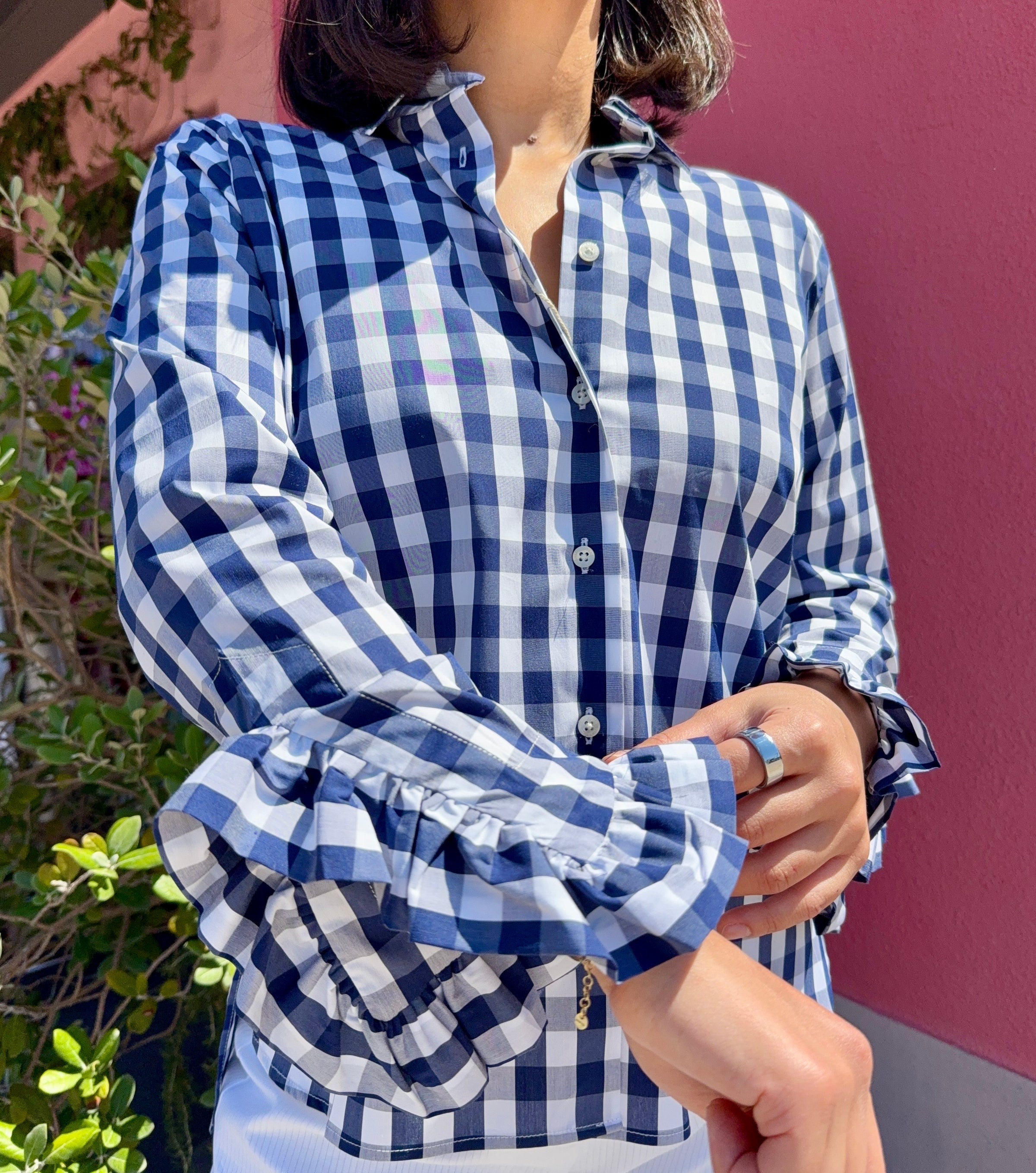 Vilagallo Gingham Ruffle Sleeve Blouse