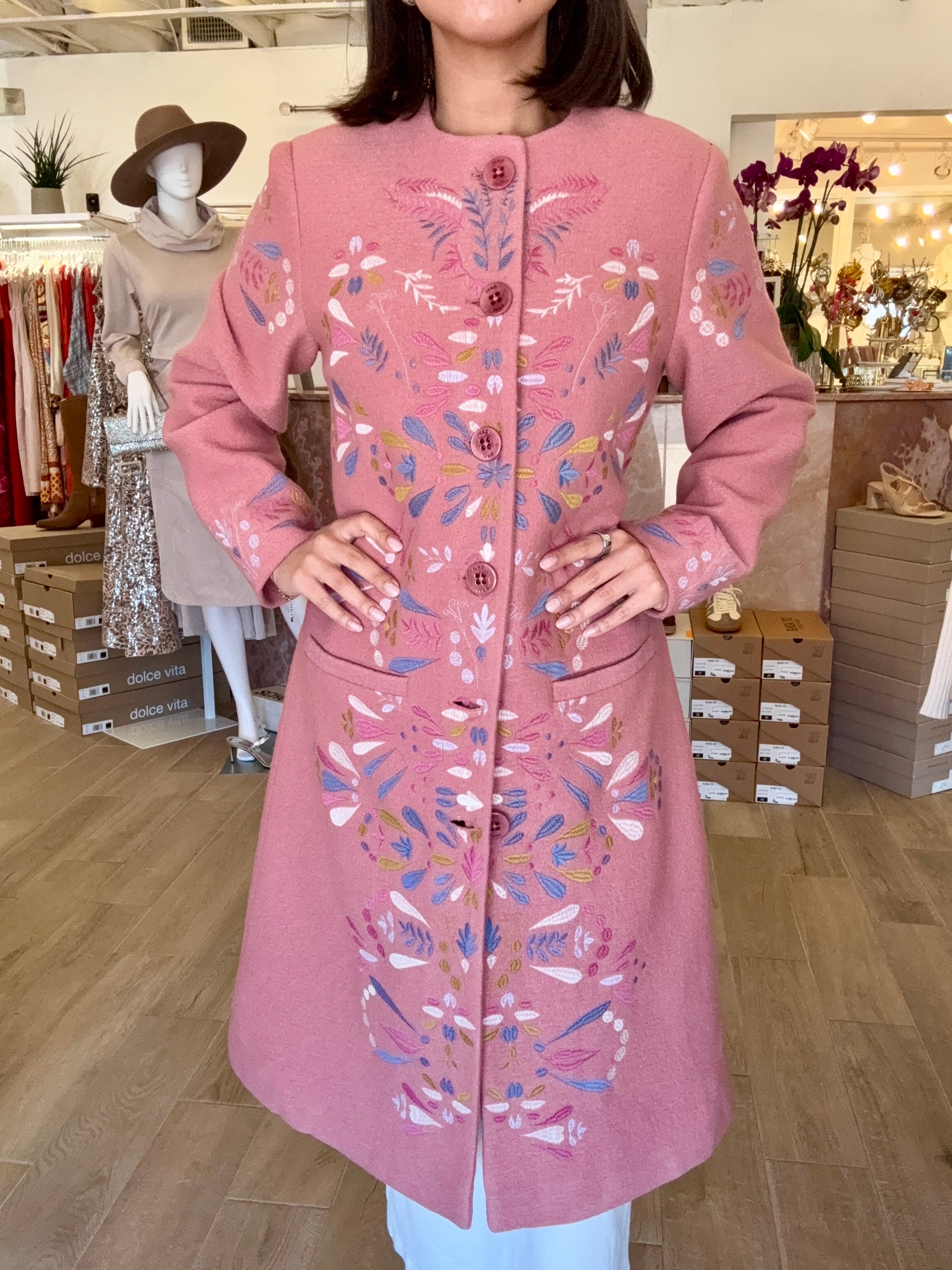 IVKO Boiled Wool Coat with Embroidery in Pink